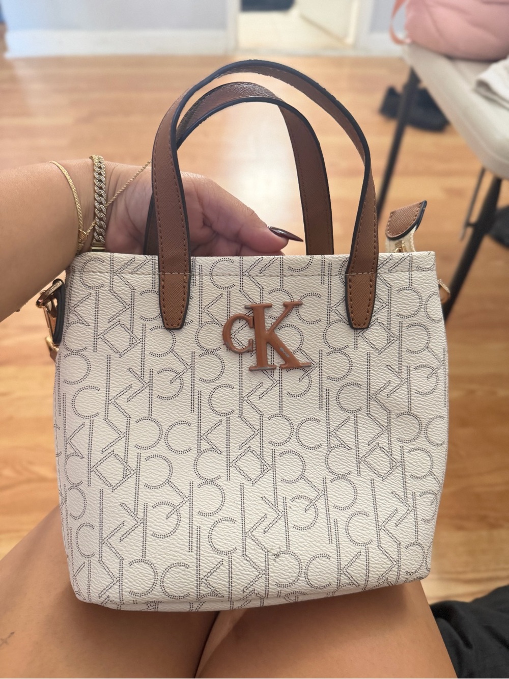 Calvin Klein Cream and Brown Monogram Mini Tote